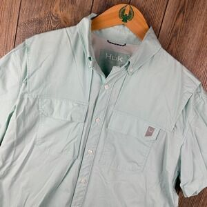Huk Creekbed Short Sleeve Button-Down Shirt Aqua Men's Size Medium Fishing